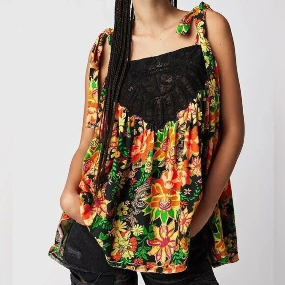 Free People Bali Moroccan Flowers Tie Straps Lace Floral Babydoll Tunic Top